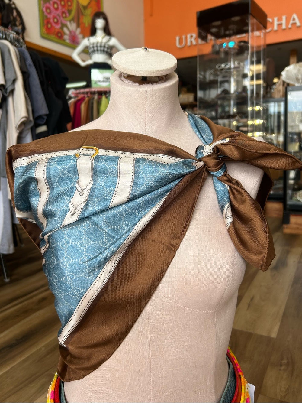 Gucci Horsebit Print Silk Scarf- Sky blue/brown - Picture 2 of 5